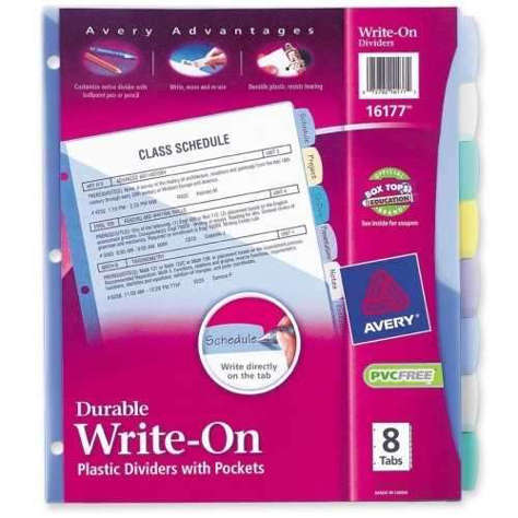Picture of Avery Consumer Products Write-On Dividers w/Pocket  8-Tab  11"x8-1/2"  Multi (Pack of 5)