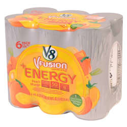 Picture of V8 Fusion 50% Fruit Vegetable Blend No Sugar Added Energy Infused Peach Mango Drink  Shelf-Stable  Single-Serve  Can  8 Fl Oz Can  24/Case