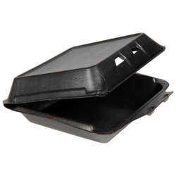 Picture of Pactiv Large 9 x 9.5 x 3.25 Inch Foam 1-Compartment Containers  Black  Hinged  Polystyrene  150/Case