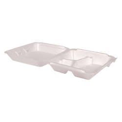 Picture of Pactiv Large 9 x 9.5 x 3.25 Inch Foam 3-Compartment Containers  White  Hinged  Polystyrene  150 Ct Each  1/Case