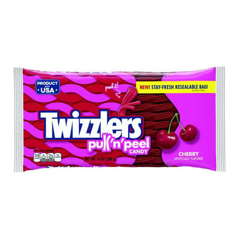 Picture of Twizzlers Licorice Cherry Candy, Pull N' Peel, Resealable Bag, 14 Oz Package, 24/Case