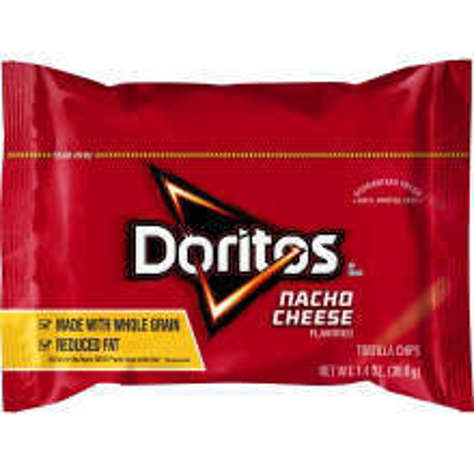 Picture of Doritos Nacho Cheese Tortilla Chips, Reduced-Fat, Top N Go, Single-Serve, 1.4 Oz Bag, 44/Case