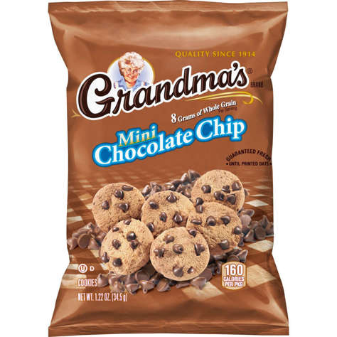 Picture of Grandmas Mini Chocolate Chip Cookies, Whole Grain, Shelf-Stable, Single-Serve, 1.22 Oz Bag, 80/Case