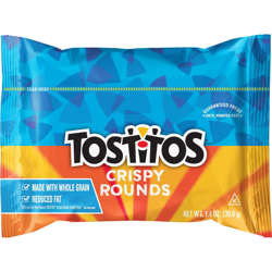 Picture of Tostitos Tortilla Chips, Round, Whole Grain, Reduced-Fat, Top N Go, Single-Serve, 1.4 Oz Bag, 44/Case