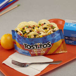 Picture of Tostitos Tortilla Chips, Round, Whole Grain, Reduced-Fat, Top N Go, Single-Serve, 1.4 Oz Bag, 44/Case