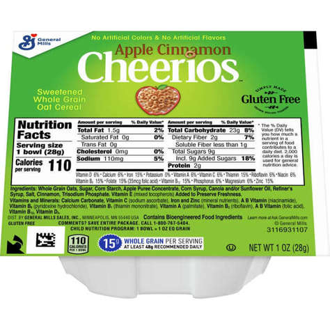 Picture of Apple Cinnamon Cheerios Cheerios Apple Cinnamon Cereal  Whole Grain  Bowl  1 Oz Each  96/Case