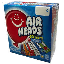 Picture of Airheads Bars Watermelon, Raspberry, Mystery, Cherry, Grape, & Orange Airhead Candy, 60 Ct Box